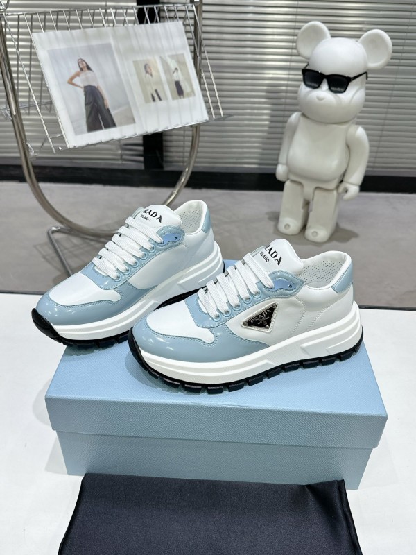 2025 Women Prada Light Blue White Leather Sneakers KFY00310