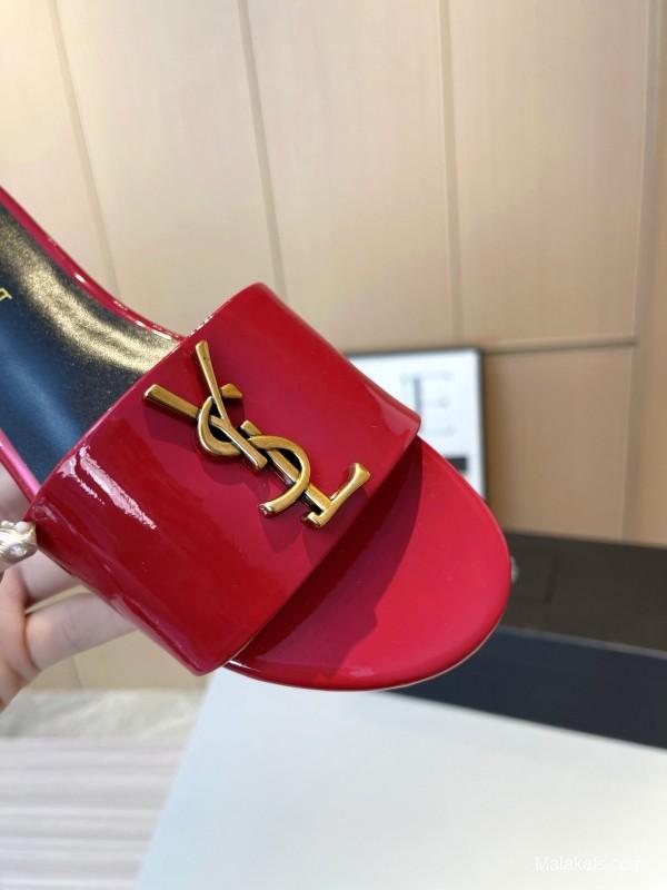 2025 Women Yves Saint Laurent Red Patent Leather Slippers LY00180
