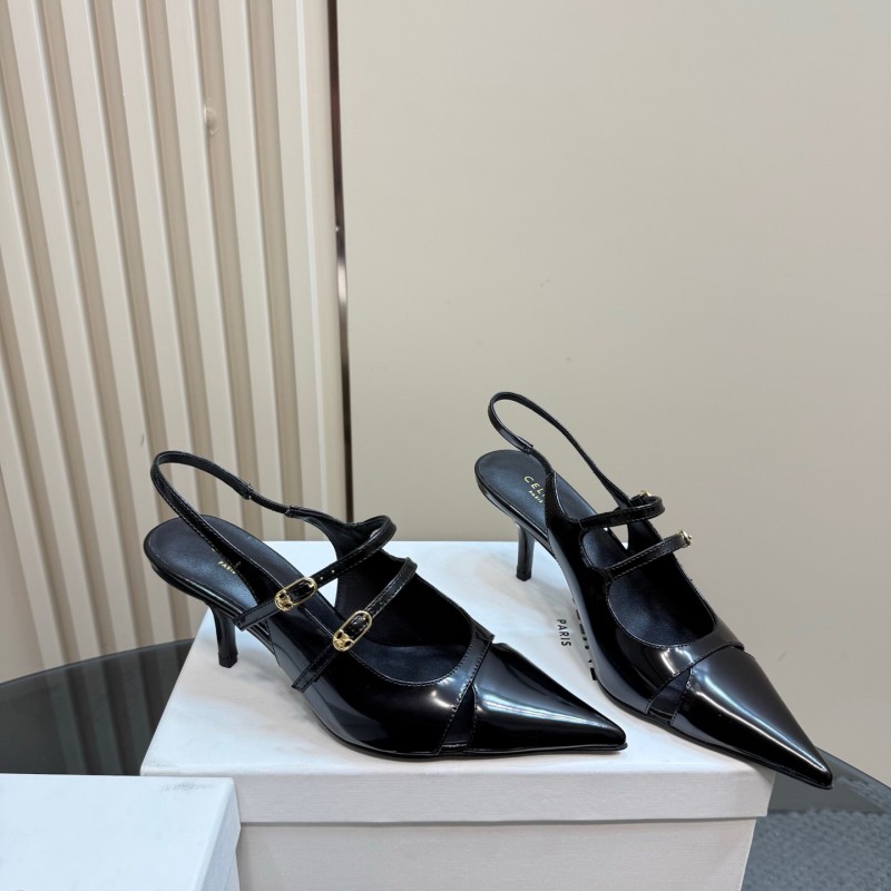 2025 Women CELINE Black Patent Leather Pointed Toe Slingback Heels