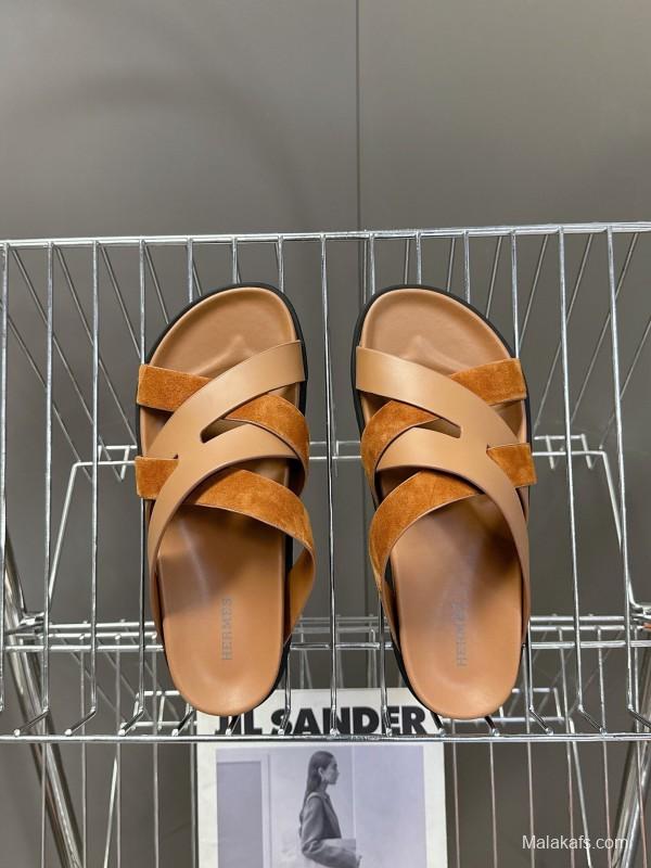2025 Slippers Hermès Brown Suede Leather Slippers