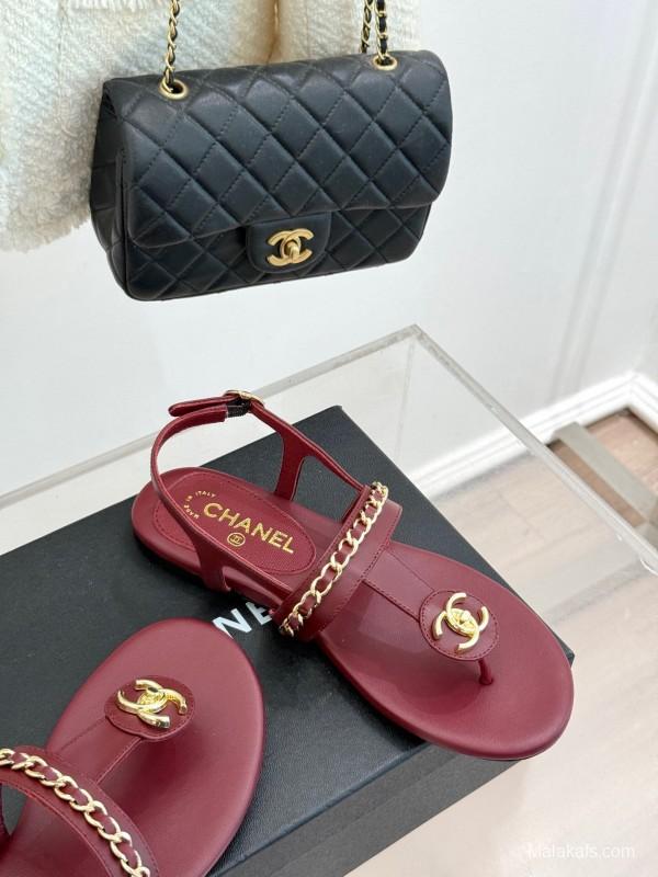 2025 Women Chanel Red Leather Sandals Chain Decoration