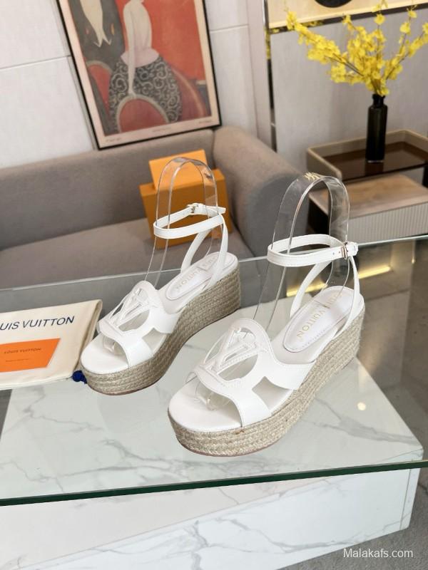 2025 Women Louis Vuitton White Leather Espadrille Wedge Sandals MJ00280