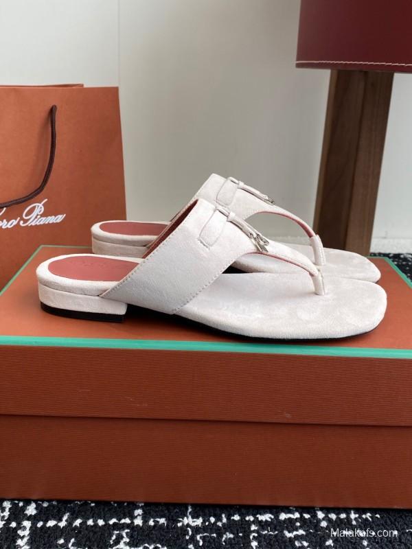 2025 Women Le Parmentier White Suede Thong Sandals KFY00280