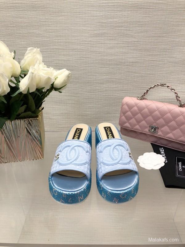 2025 Women Chanel Blue White Fabric Platform Slide Sandals LY00320