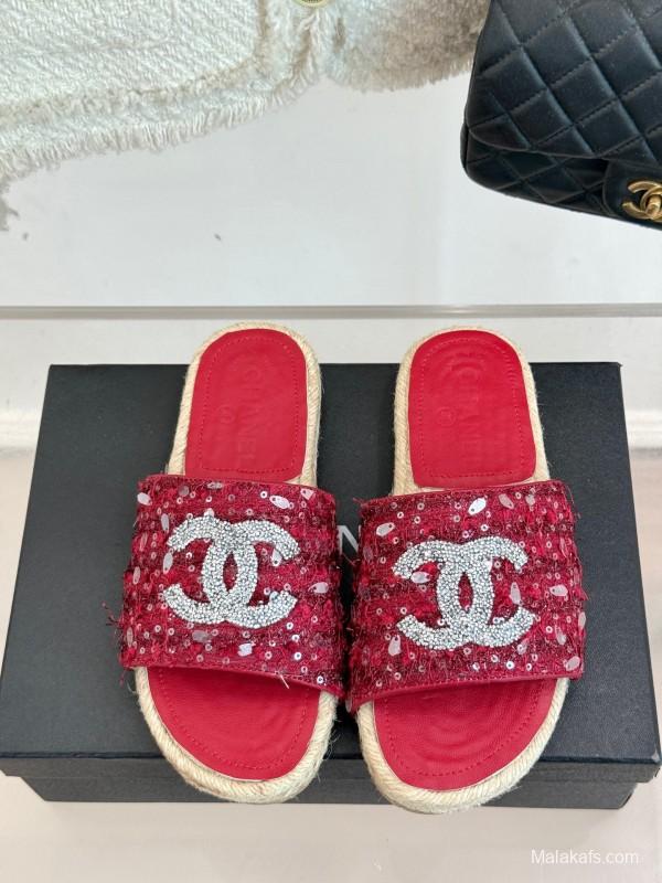 2025 Women Chanel Red Sequin Espadrille Slides Classic Craftsmanship KFY00240(F)