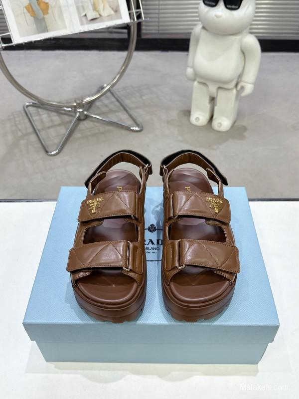 2025 Women Prada Brown Leather Sandals