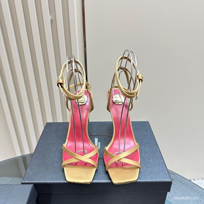 2025 Women Yves Saint Laurent Light Brown Satin High Heel Sandals