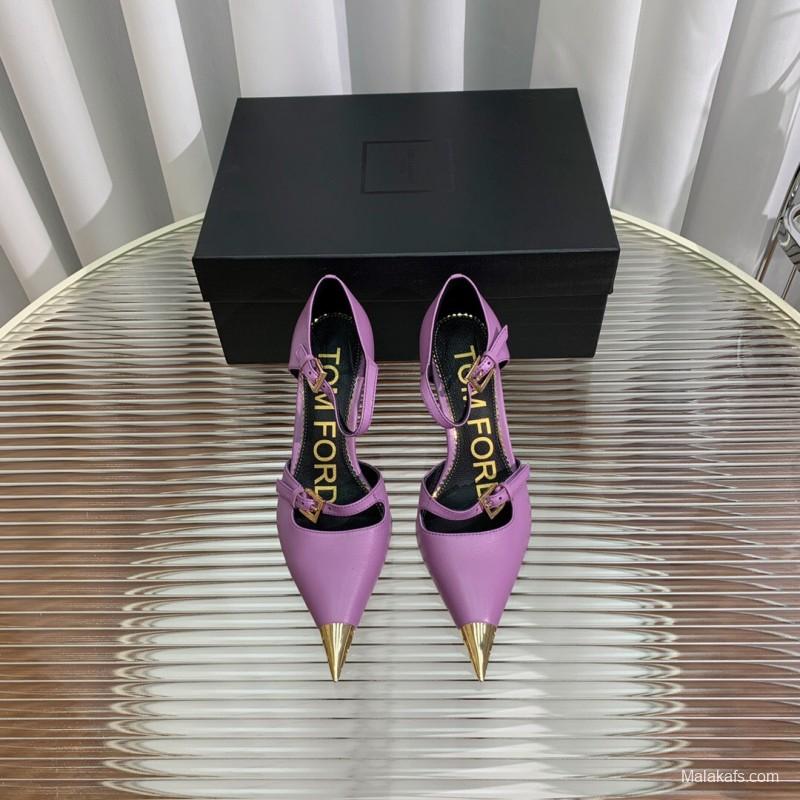 2025 Women TOM FORD Purple Gold Leather Pointed Toe Heels KFY00320