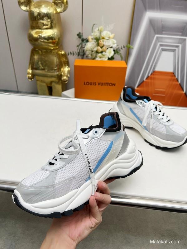 2025 Unisex Louis Vuitton White Blue Leather Mesh Sneakers Monogram LV00340