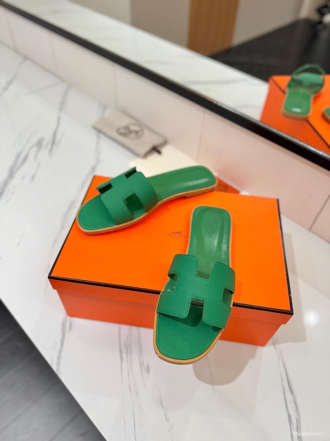 2025 Women Hermès Green Leather Slippers