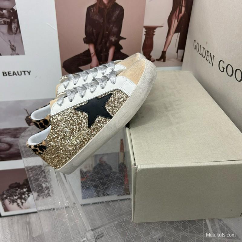 2025 Women GGDB Gold Glitter Black Leather Star Leopard Print Suede Sneakers