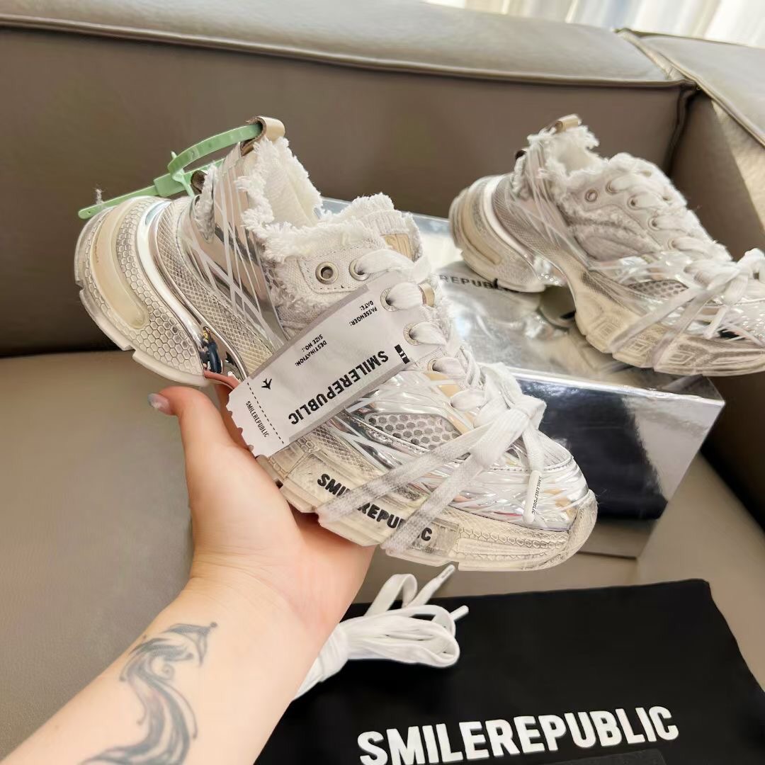 2025 Women Smile Republic White Silver Mesh Leather Sneakers