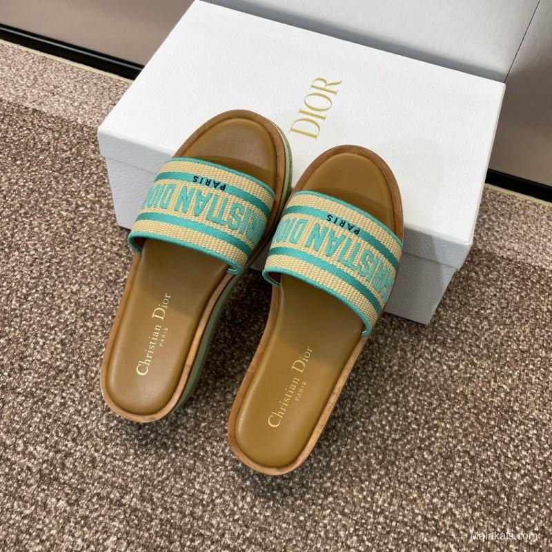 2025 Women Dior Blue Beige Fabric Leather Platform Slide Sandals