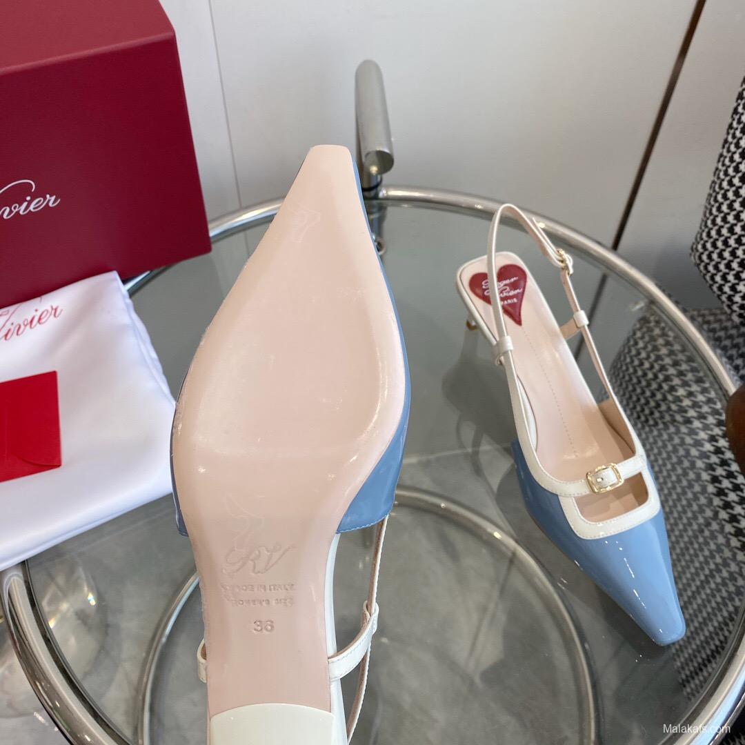 2025 Women Roger Vivier Blue White Patent Leather Slingback Pumps KFY00340