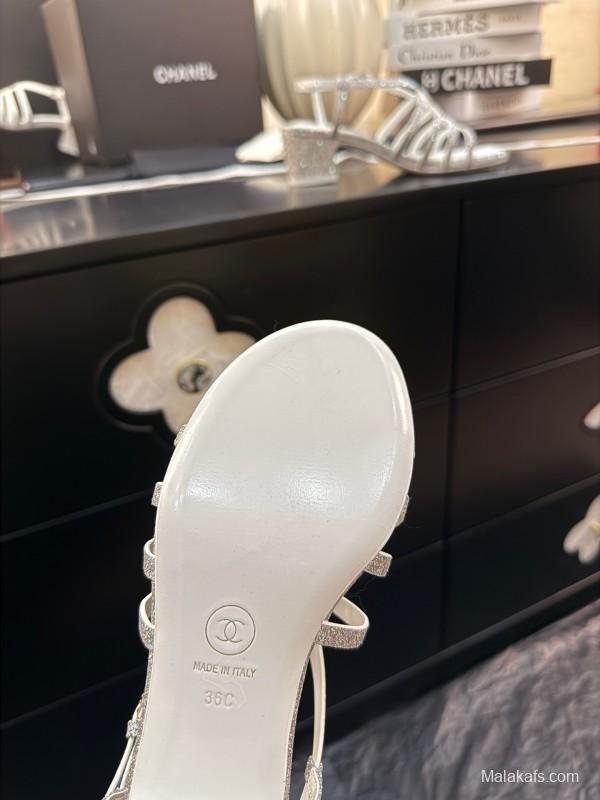 2025 Women Chanel White Synthetic Leather Sandals