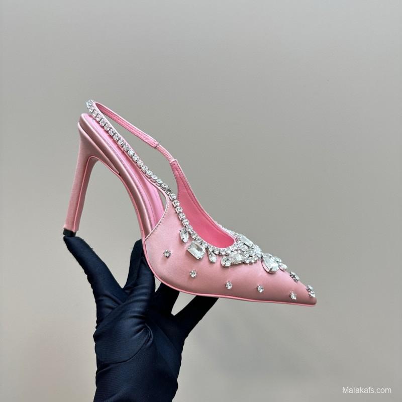 2025 Women Gucci Pink Silk Slingback High Heel Crystal MJ00340