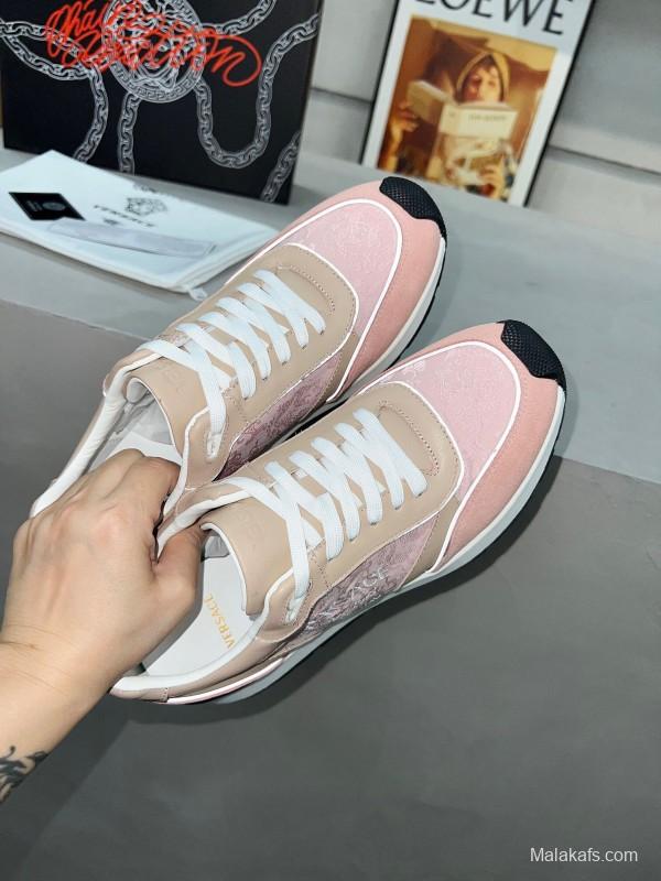 2025 Women VERSACE Pink Beige Suede Leather Sneakers Embroidery LY00320