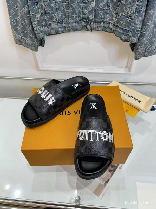 2025 Slippers Louis Vuitton Black Leather Slippers LY