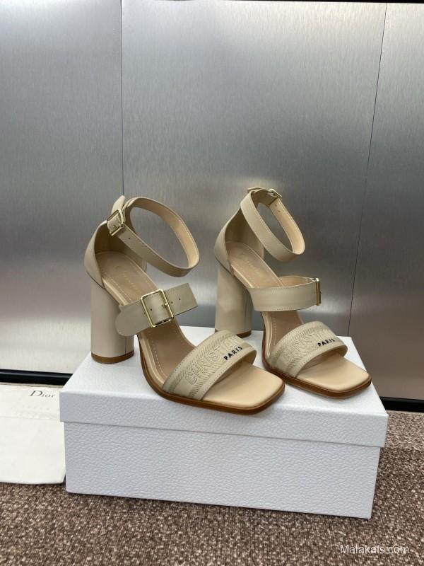 2025 Women Dior Beige Leather Sandals Buckle Strap High Heel