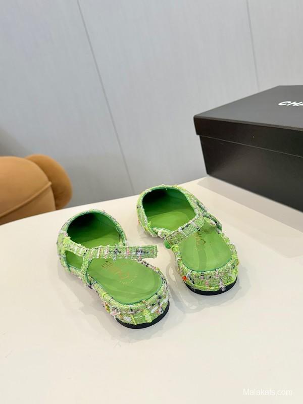 2025 Women Chanel Green Black Tweed Leather Slingback Flats LY00240