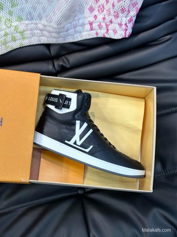 2024 Men Louis Vuitton Black White Leather High-Top Sneakers MJ00420