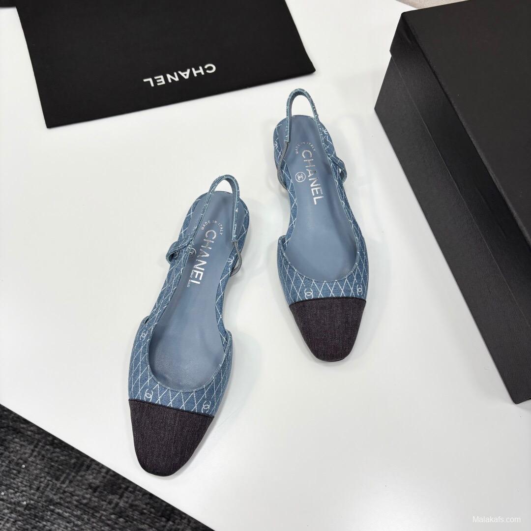 2025 Women Chanel Blue Black Denim Leather Slingback LY00240
