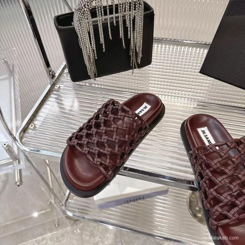 2025 Women Jil Sander Brown Leather Woven Slippers