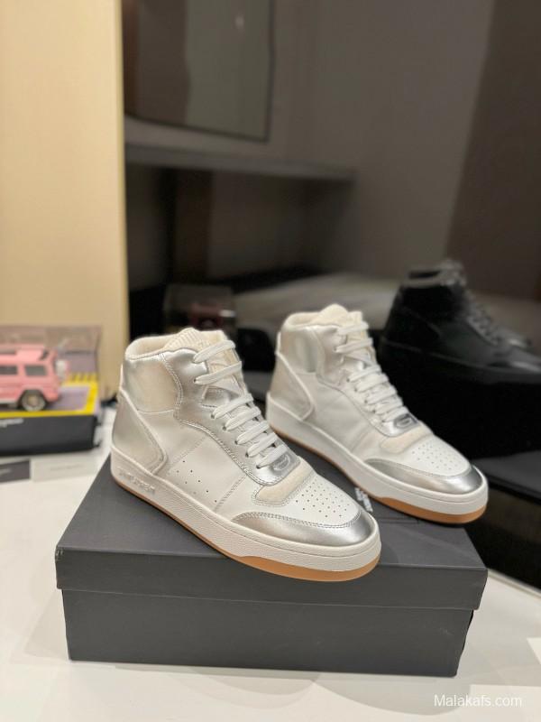 2024 Unisex Yves Saint Laurent White Silver Leather High Top Sneakers MJ00390