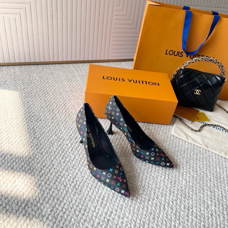 2025 Women Louis Vuitton Multicolor Canvas Leather Pumps