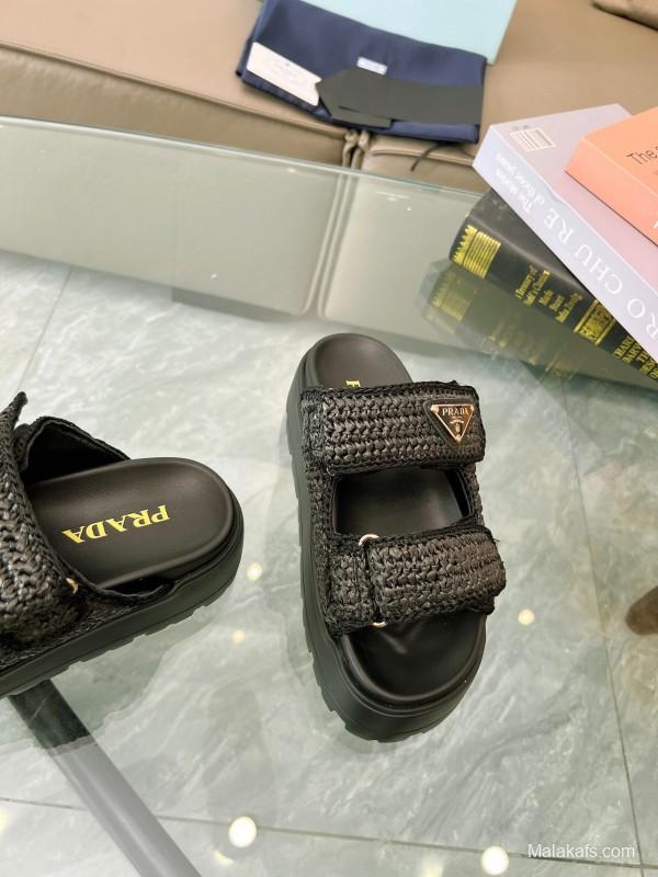 2025 Prada Black Woven Leather Slippers LY00290