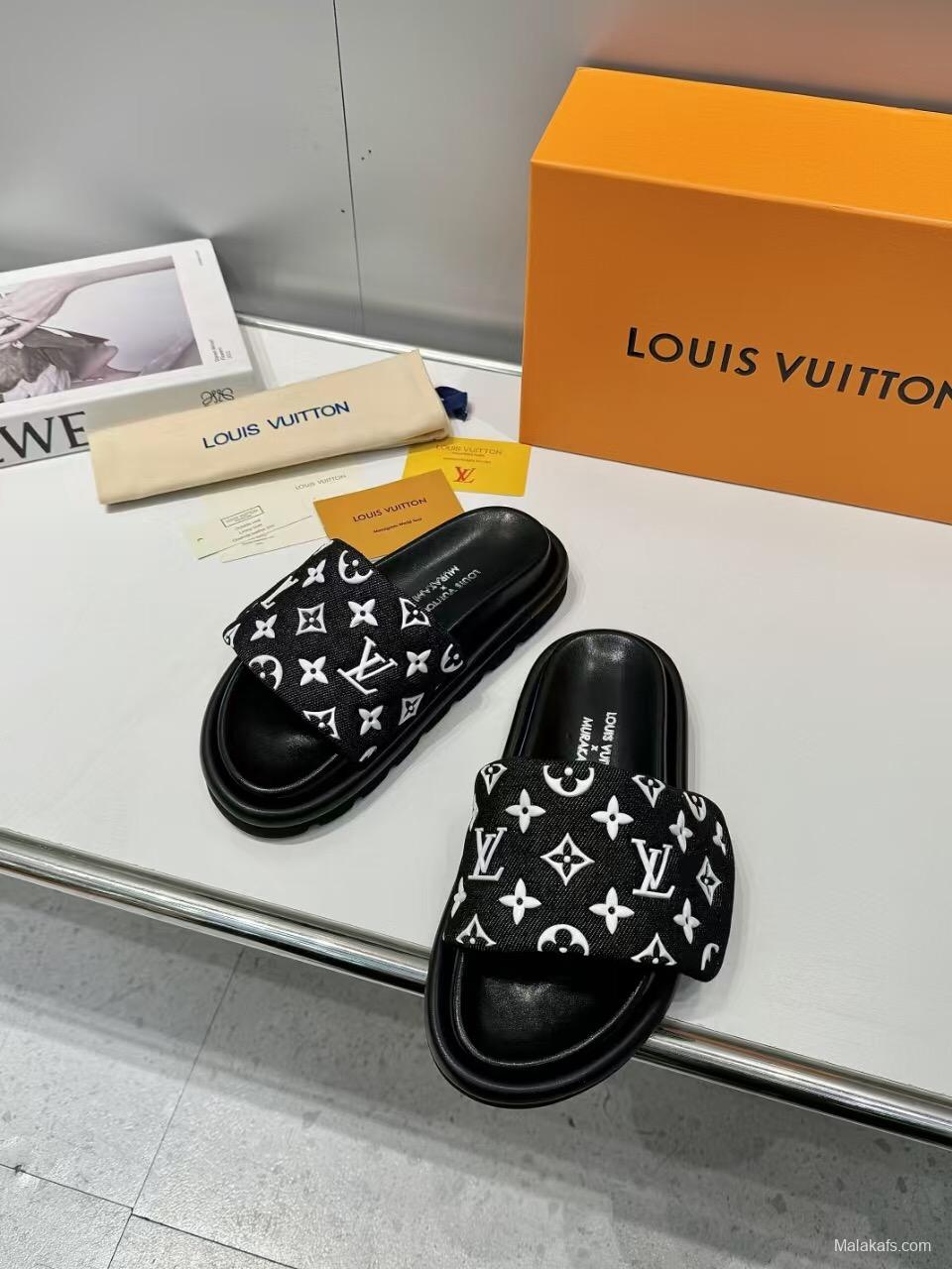 2025 Slippers Louis Vuitton Black Fabric Slippers