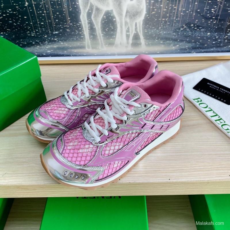 2025 Women BV Pink Silver Mesh Leather Running Sneakers