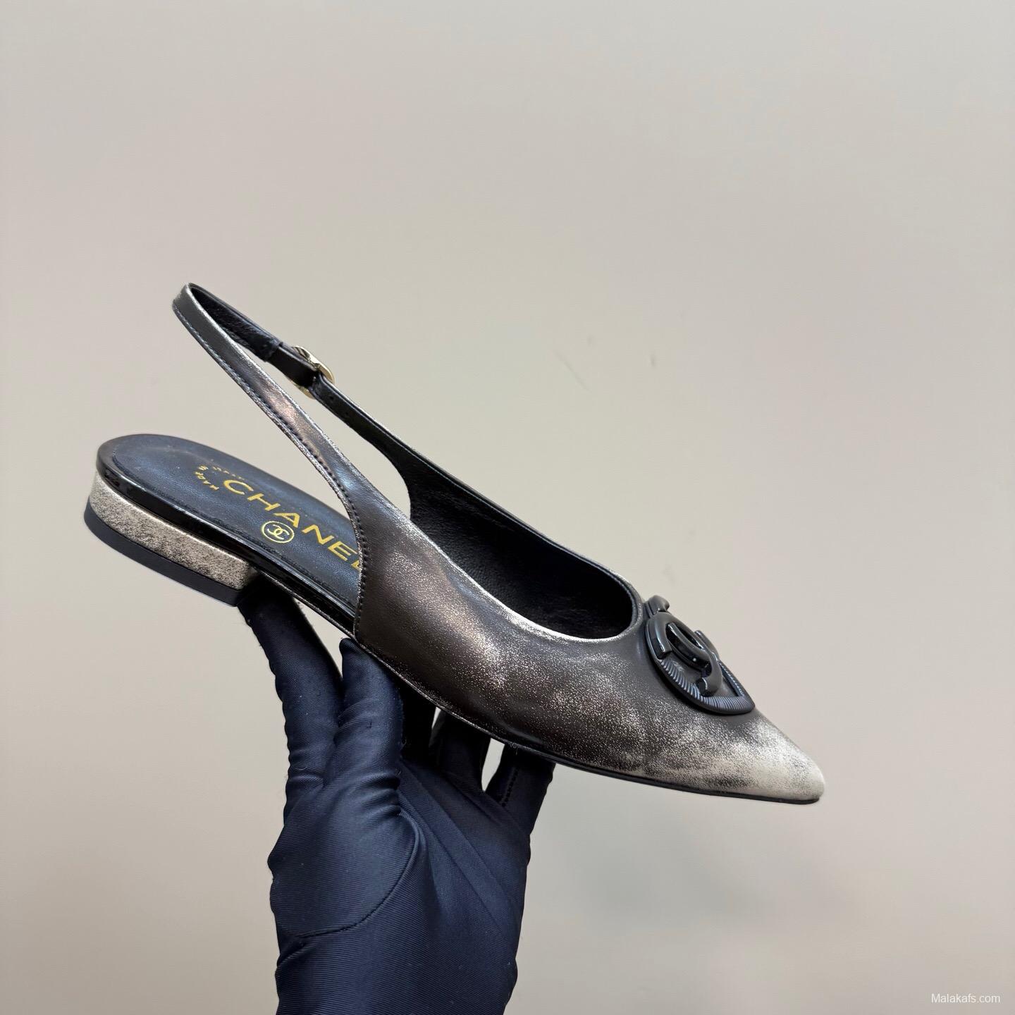 2025 Women Chanel Black Silver Satin Sandals KFY00290