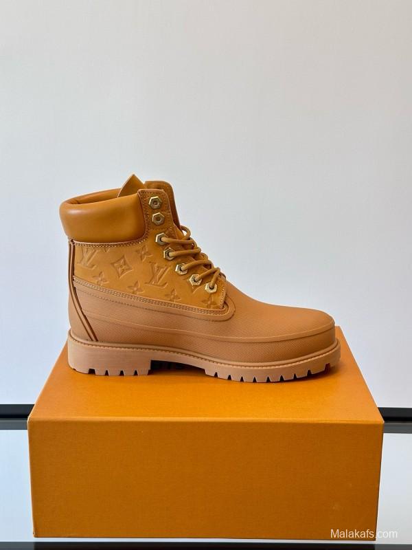 2024 Men Louis Vuitton Brown Leather Waterproof Work Boots MJ00390