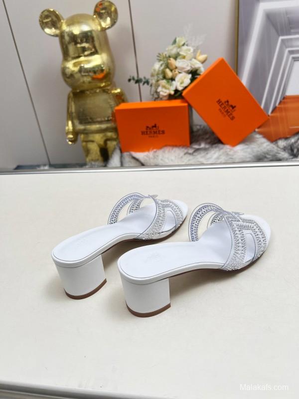 2025 Slippers Hermès White Leather Crystal MJ00180