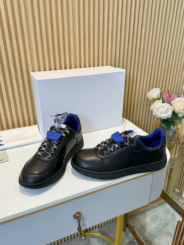 2024 Men BURBERRY Black Blue Calf Leather Sneakers MJ00330