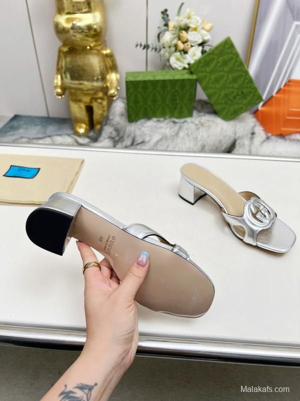 2025 Gucci Silver Leather Slippers MJ00190