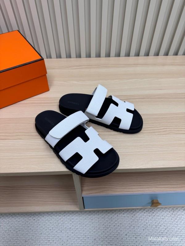 2025 Women Hermès White Black Leather Slippers