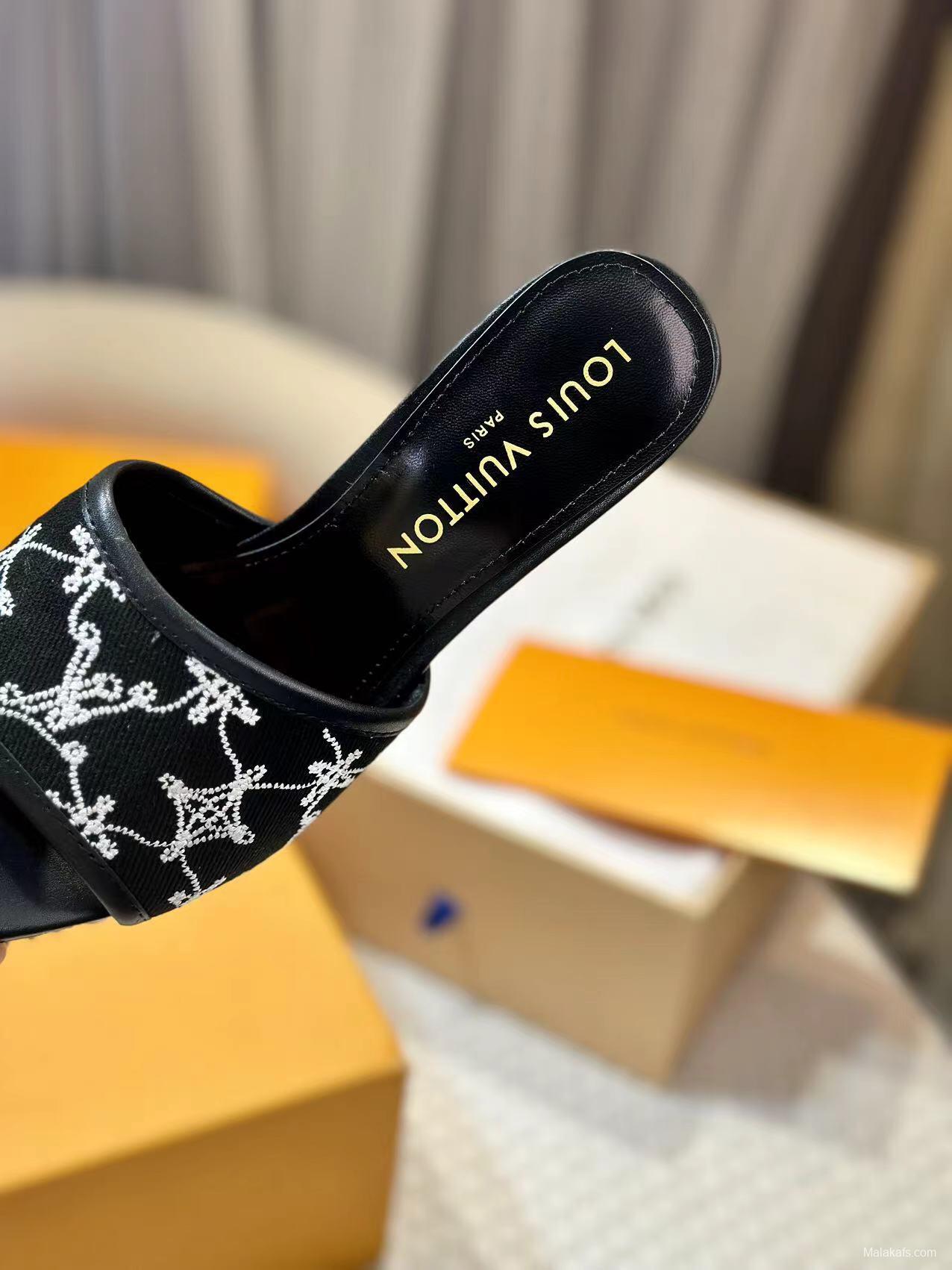 2025 Women Louis Vuitton Black White Embroidered Leather High Heel LY00250