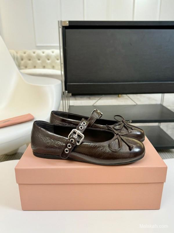 2025 Women Miu Miu Brown Leather Mary Jane Buckle KFY00300