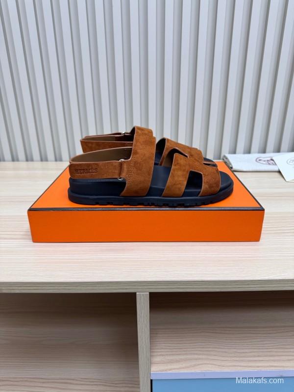 2025 Women Hermès Brown Suede Leather Sandals