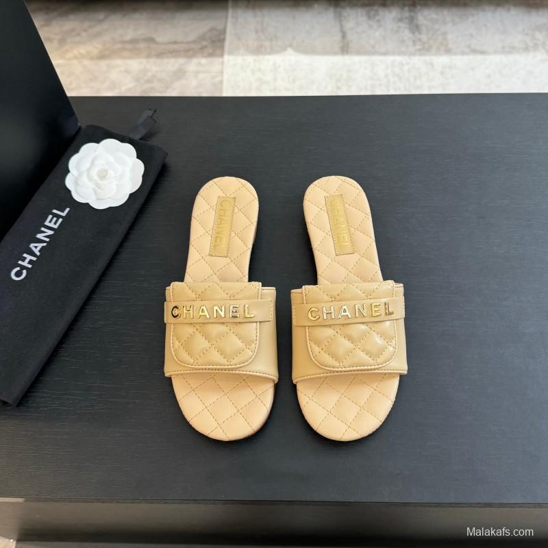 2025 Women Chanel Beige Leather Slippers