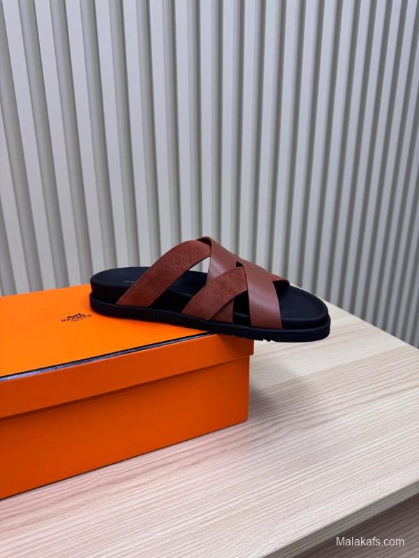 2025 Men HERMÈS Brown Leather Sandals
