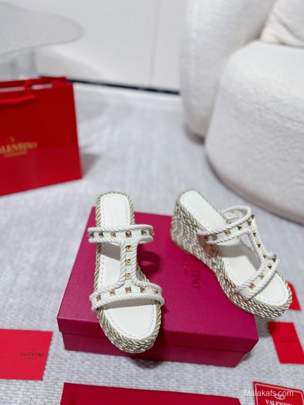 2025 Women Valentino White Leather Wedge Sandals Studs LY00290
