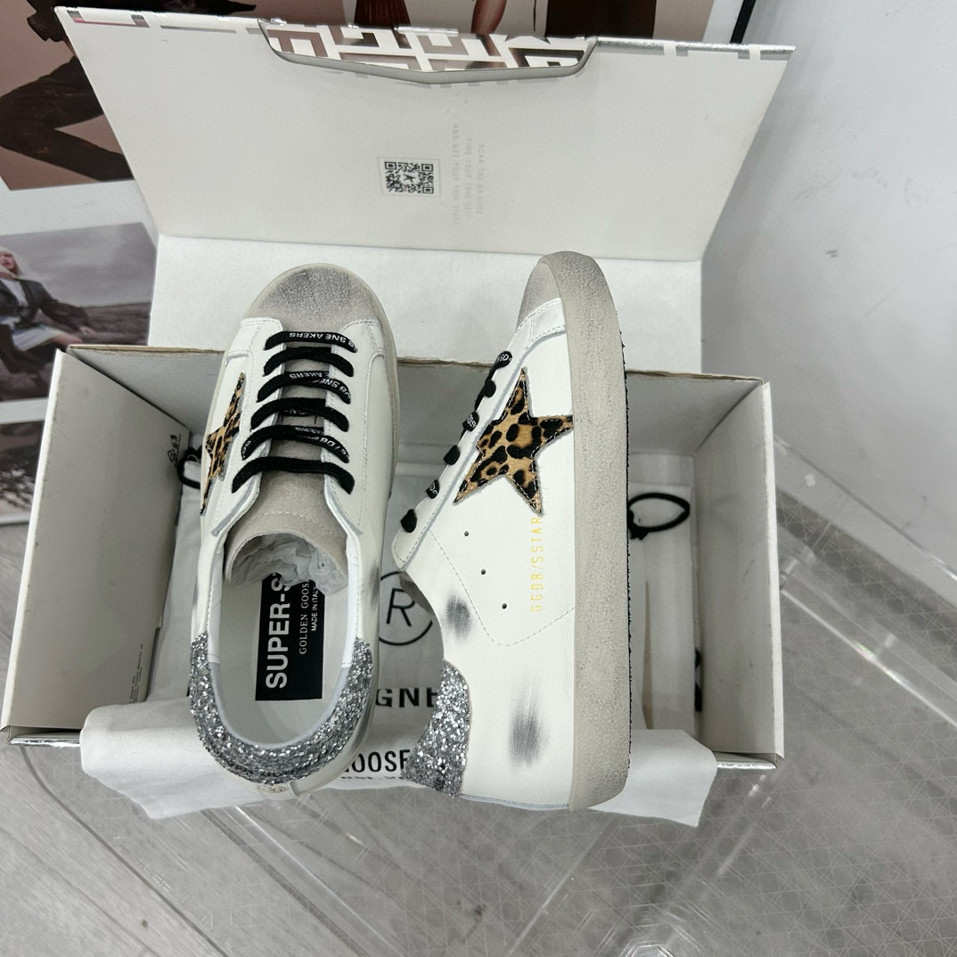 2025 Women GGDB White Black Leopard Print Leather Sneakers