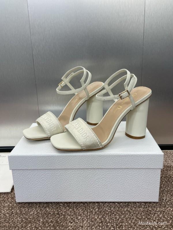 2025 Women Dior White Leather High Heel Embroidered Sandals