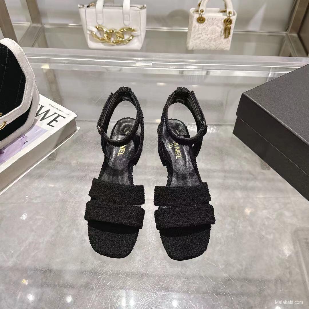 2025 Women Chanel Black Tweed Sandals LY00280