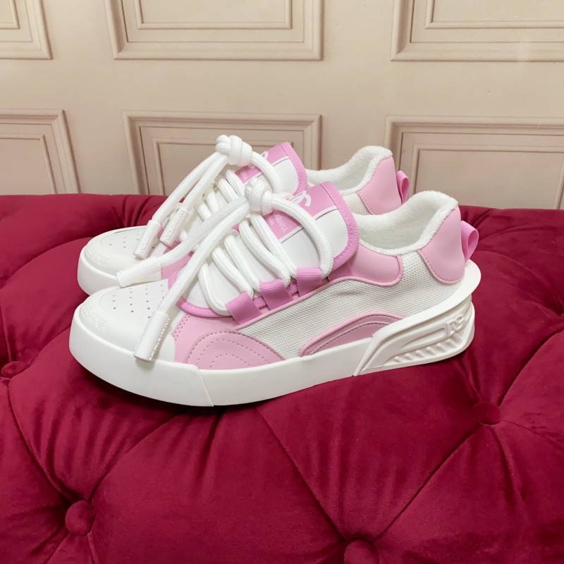 2025 Women Dolce & Gabbana White Pink Leather Mesh Sneakers