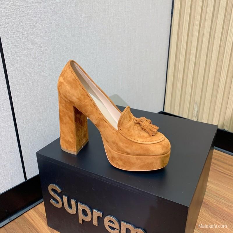 2025 Women Gianvito Rossi Brown Suede Platform Tassel Loafer