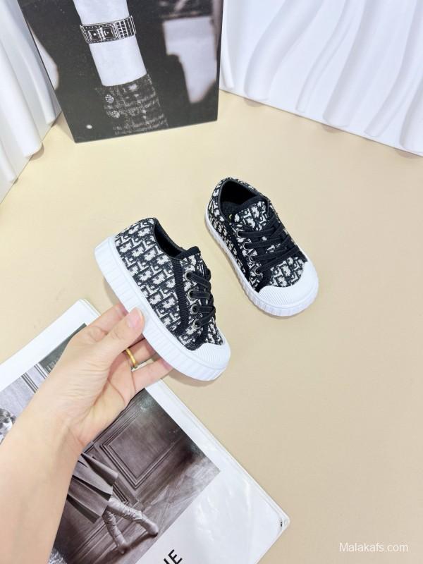 2024 Kids CHANEL Gray Beige Black Canvas Sneakers